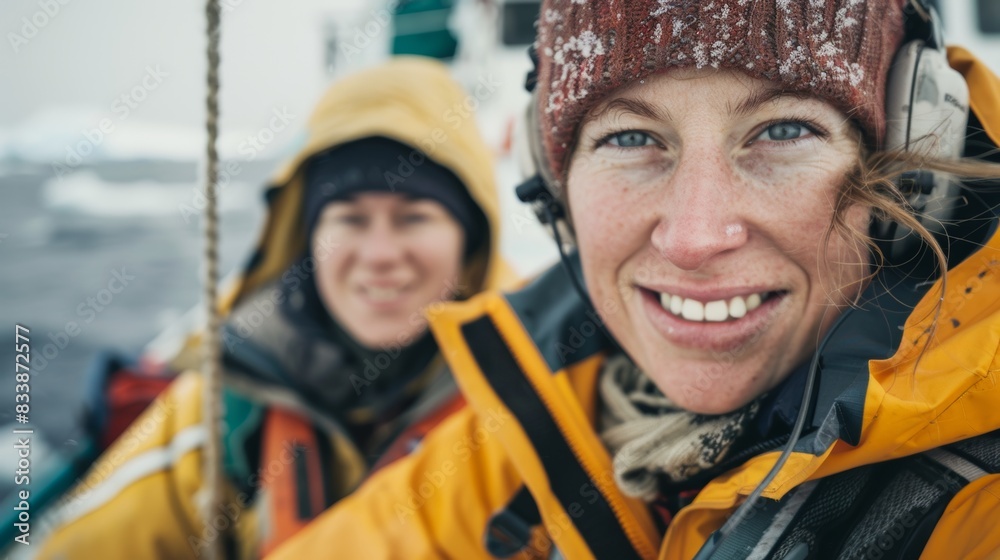 Two women in winter gear smiling with one wearing a beanie and the other a hood on a boat in a snowy environment. Two women in winter gear smiling with one wearing a beanie and the other a hood on a boat in a snowy environment.