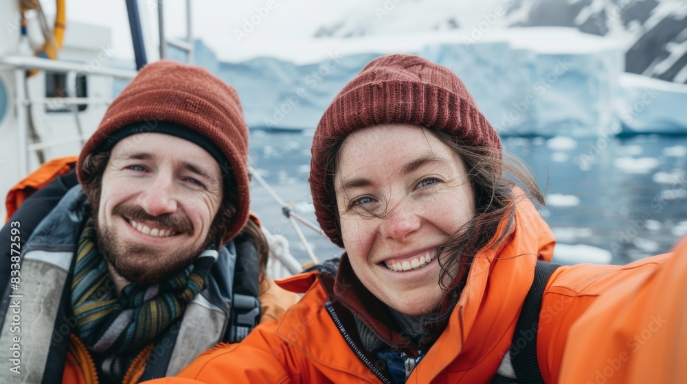 Two people smiling at the camera wearing winter clothing and hats standing on a boat with a backdrop of icy waters and a large iceberg. Two people smiling at the camera wearing winter clothing and hats standing on a boat with a backdrop of icy waters and a large iceberg.