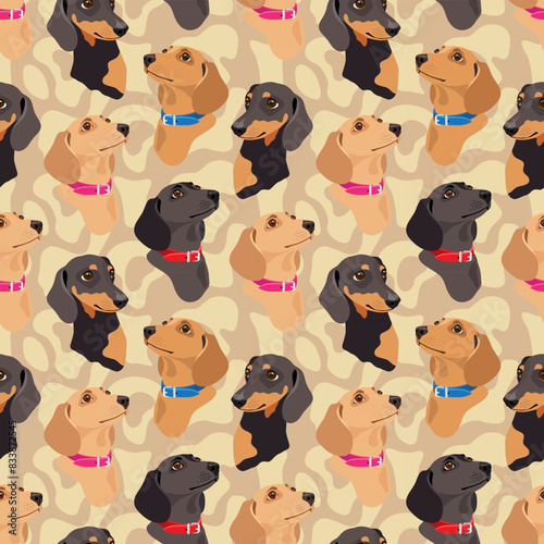 Dachshund dogs are dark and light on a brown background. Seamless animal pattern, print, vector illustration