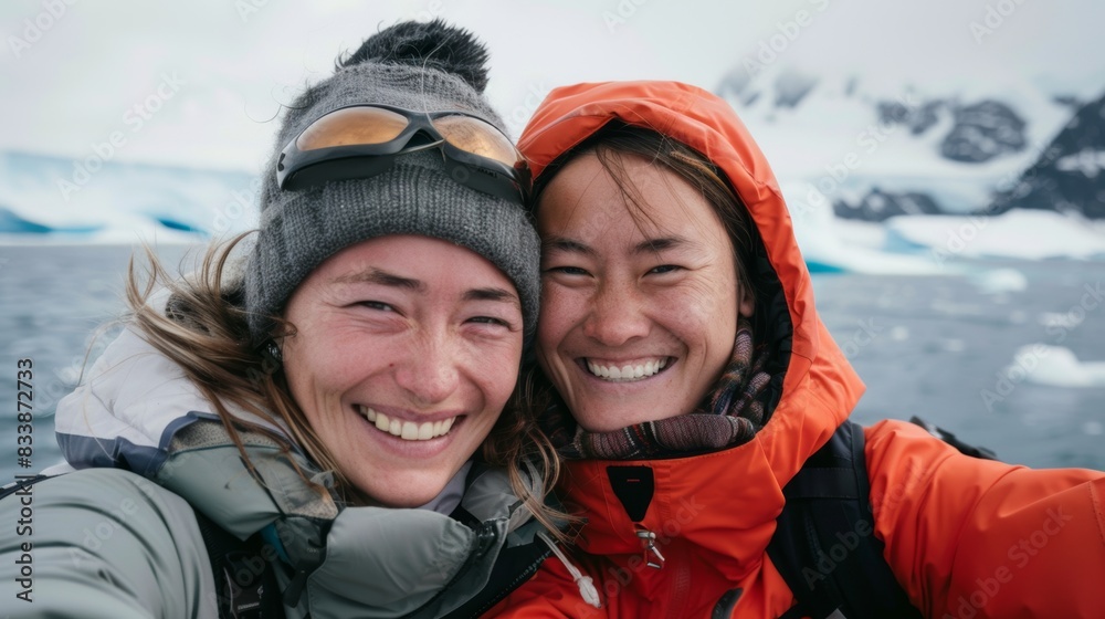 Two women smiling at camera wearing winter gear with snow-covered mountains and icy water in background. Two women smiling at camera wearing winter gear with snow-covered mountains and icy water in background.