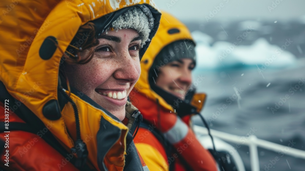 Two smiling women wearing yellow and red parkas, enjoying a boat ride amidst snowy conditions.