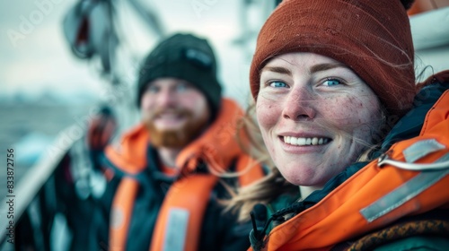 Two people wearing life jackets and winter clothing smiling and looking towards the camera possibly on a boat or near water with a blurred background suggesting movement or focus on the su bjects. photo