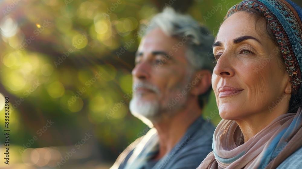 An elderly couple with the woman wearing a headscarf sitting in a park enjoying the sun and each other's company. An elderly couple with the woman wearing a headscarf sitting in a park enjoying the sun and each other's company.