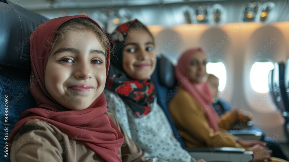Three young girls wearing hijabs smiling and sitting in airplane seats looking at the camera. Three young girls wearing hijabs smiling and sitting in airplane seats looking at the camera.