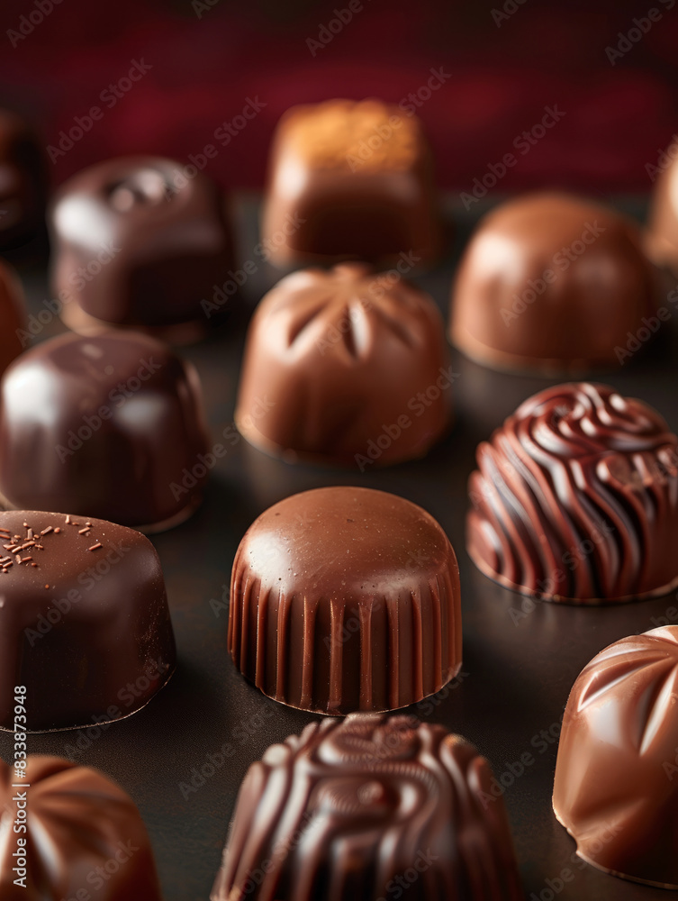 An assortment of gourmet chocolates on a dark background. An assortment of gourmet chocolates on a dark background.