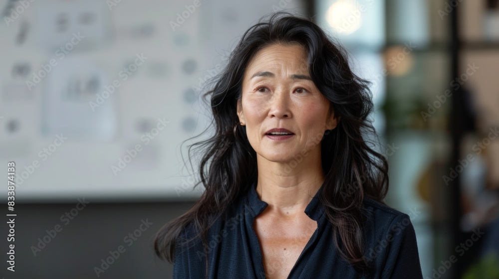Asian woman with dark hair wearing a blue top looking surprised or intrigued standing in front of a whiteboard with various notes and diagrams. Asian woman with dark hair wearing a blue top looking surprised or intrigued standing in front of a whiteboard with various notes and diagrams.