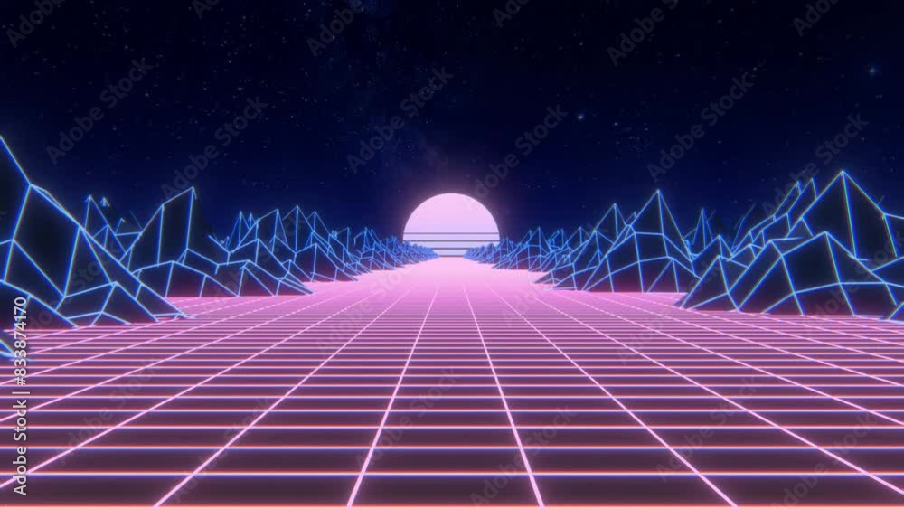 Trendy retro background loop animation. Retrowave, synthwave, vaporwave, 80s and 90s aesthetics. Retro wave style 3D Animation with seamless loop. Videogame landscape, neon wireframe