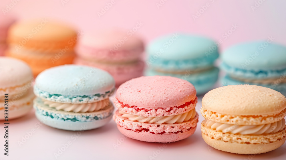 Colorful macarons arranged in rows with a soft pastel background. Colorful macarons arranged in rows with a soft pastel background.
