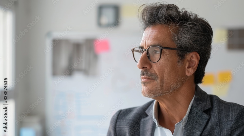 A man with graying hair and glasses wearing a suit looking contemplative in an office setting with a whiteboard and notes in the background. A man with graying hair and glasses wearing a suit looking contemplative in an office setting with a whiteboard and notes in the background.