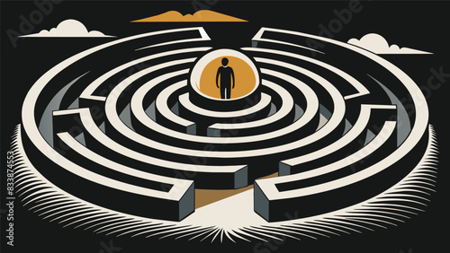 The contrast of dark and light in a charcoal drawing of an intricate labyrinth symbolizes the challenges and breakthroughs that one must face in order. Vector illustration
