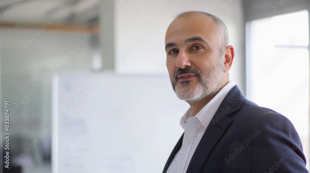 A man with a gray beard and mustache wearing a dark suit and white shirt standing in an office with a whiteboard in the background. A man with a gray beard and mustache wearing a dark suit and white shirt standing in an office with a whiteboard in the background.