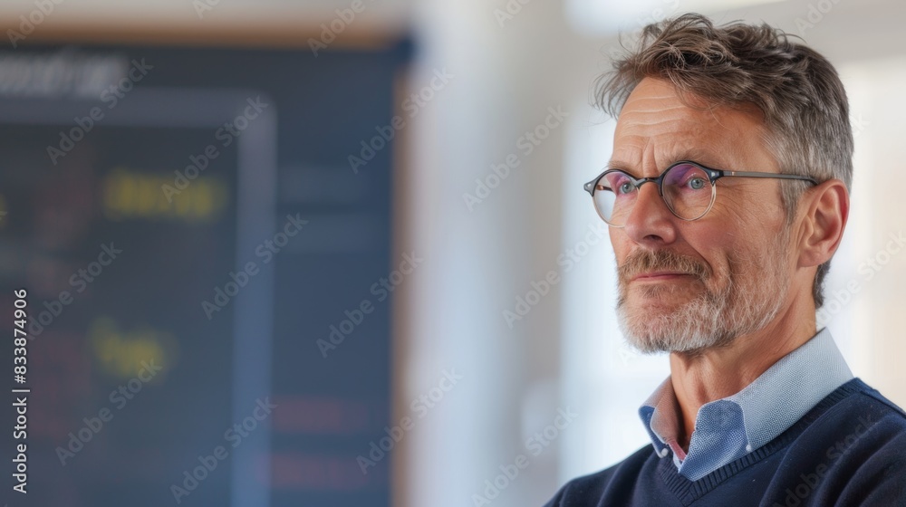 An older man with glasses and a beard wearing a blue sweater looking off to the side with a thoughtful expression. An older man with glasses and a beard wearing a blue sweater looking off to the side with a thoughtful expression.