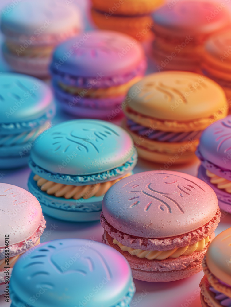 Fototapeta premium Colorful macarons in various pastel shades arranged closely together.