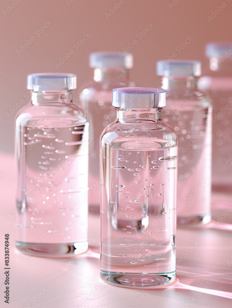 Five clear vaccine vials with liquid inside, reflecting light on surface. Five clear vaccine vials with liquid inside, reflecting light on surface.