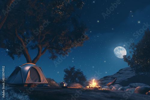 Serene Nighttime Camping Under a Starry Sky with Full Moon  Tent  and Campfire in Nature