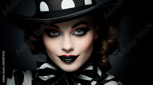 Studio portrait of a beautiful woman in black and white clown makeup. A performer or female mime © Enrique