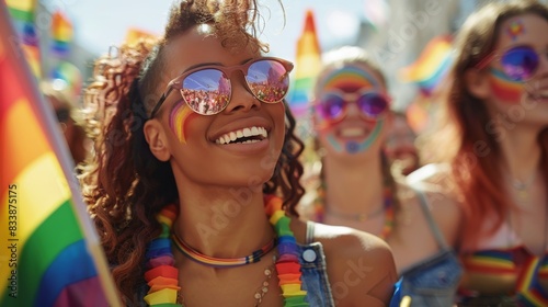 Diverse individuals marching in a pride parade, holding rainbow flags and wearing colorful clothing, celebrating LGBTQ visibility. Generative AI.