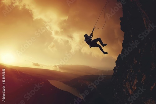 Silhouette of a rock climber rappelling down a cliff face at sunset. © amankris99