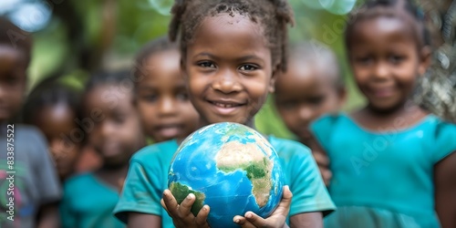 African children holding earth globe on International Day of Peace. Concept Unity, Cultural Diversity, Global Citizenship, International Day of Peace, Education photo