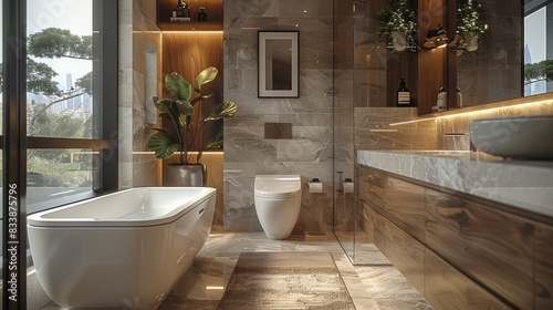 Ultra-small bathroom  made stone marble  wet and dry separation  smart toilet  solid wood bathroom cabinet. Generative AI.