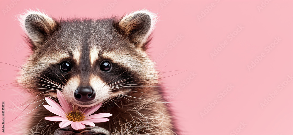 Obraz premium Adorable Raccoon Holding Pink Daisy on a Pink Background Cute Wildlife