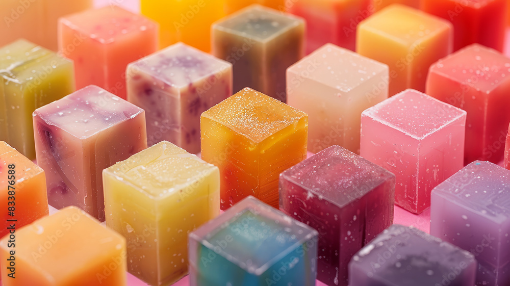 Colorful soap cubes arranged neatly in rows on a pink background. Colorful soap cubes arranged neatly in rows on a pink background.