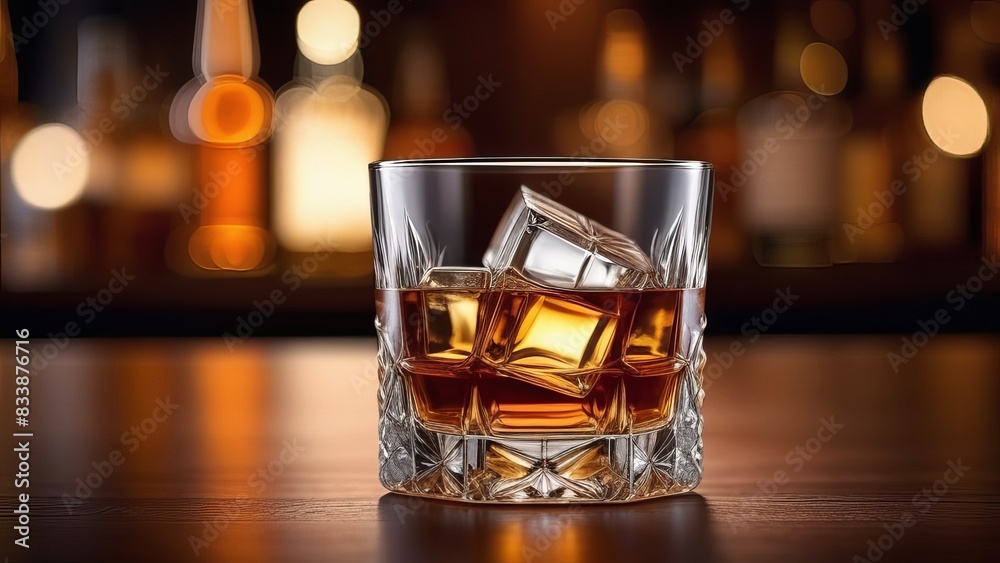 single glass of whiskey on the rocks, illuminated by warm ambient lighting. The rich amber color of the whiskey contrasts with the clear ice cubes, creating a cozy, sophisticated atmosphere single glass of whiskey on the rocks, illuminated by warm ambient lighting. The rich amber color of the whiskey contrasts with the clear ice cubes, creating a cozy, sophisticated atmosphere