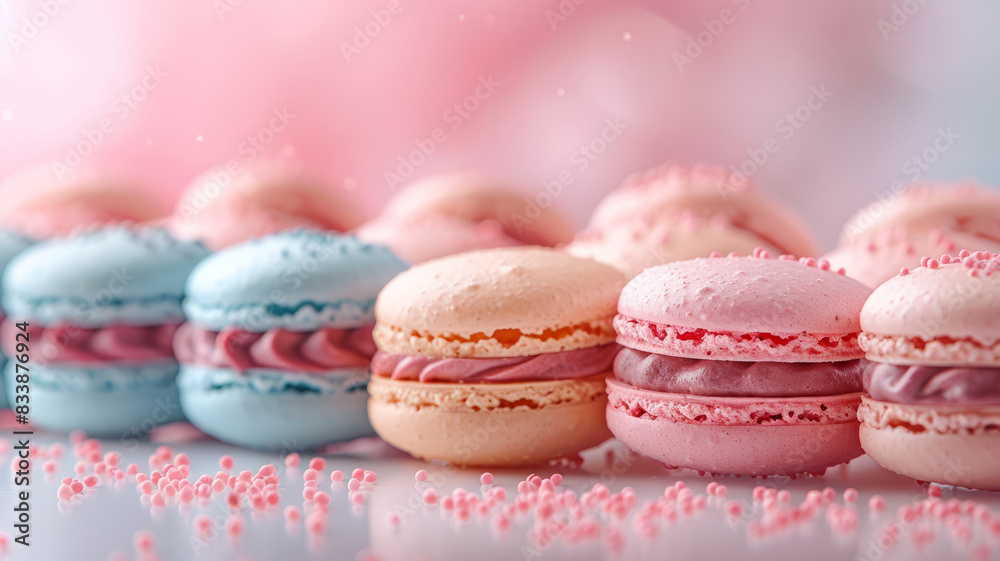 Assorted pink and blue macarons with sprinkles, close-up Assorted pink and blue macarons with sprinkles, close-up