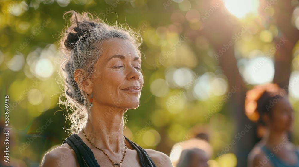 Woman in serene pose eyes closed smiling with sunlit background and blurred figures suggesting a peaceful gathering or event. Woman in serene pose eyes closed smiling with sunlit background and blurred figures suggesting a peaceful gathering or event.
