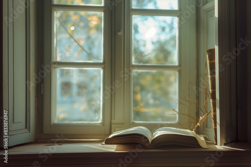 Sunlit Open Book on Window Sill in Cozy  Vintage Room with Soft Light and Blurred Background