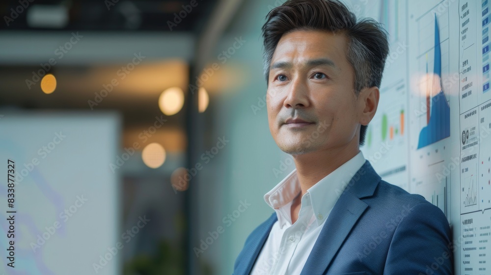 Fototapeta premium Asian businessman in suit standing in front of a whiteboard with graphs and charts looking thoughtful and focused.