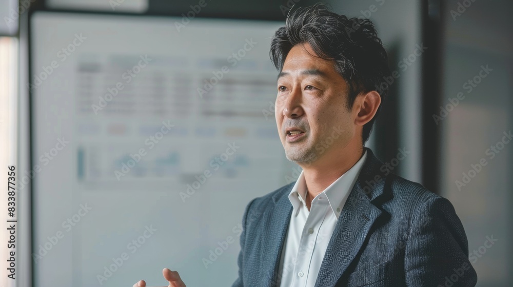 Fototapeta premium Asian man in suit speaking at conference with blurred presentation screen in background.