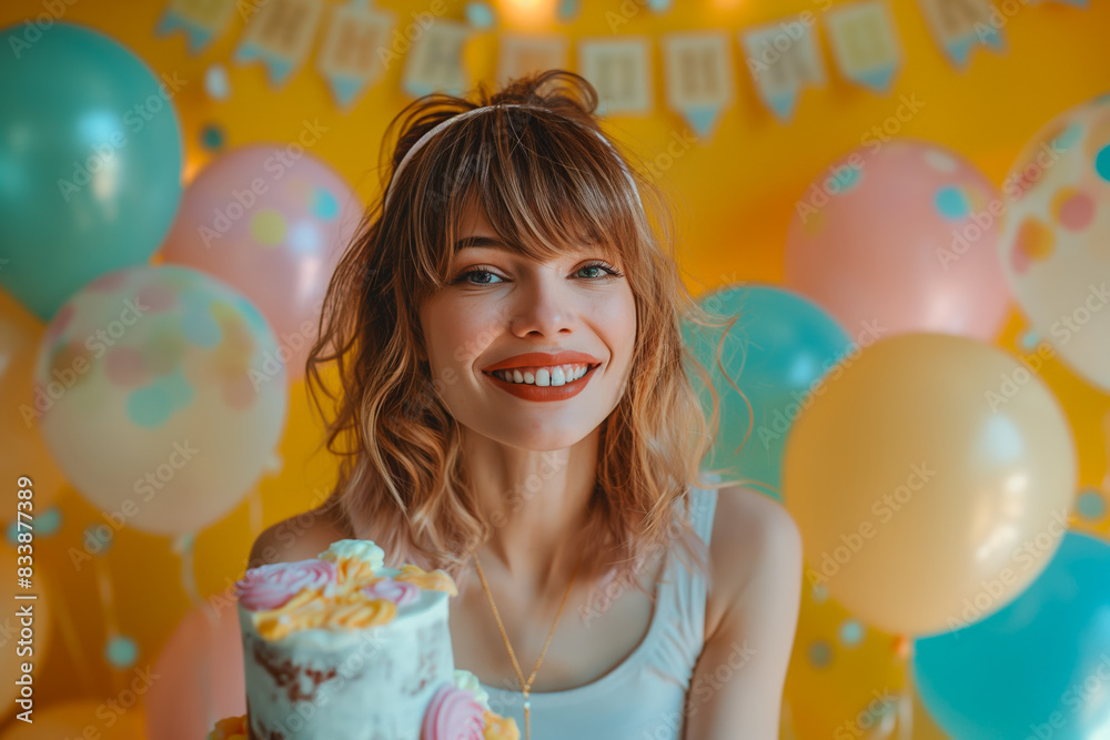 Smiling Woman Celebrates Birthday With Colorful Balloons and Cake in Festive Setting