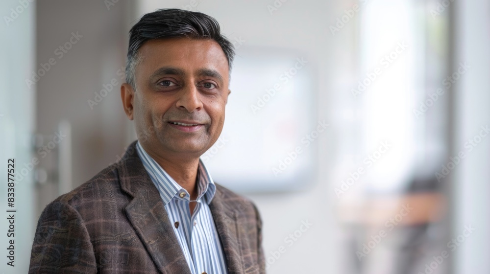 Smiling man in suit and striped shirt standing in office with blurred background. Smiling man in suit and striped shirt standing in office with blurred background.