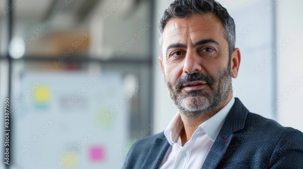 Fototapeta premium Man with gray beard and hair wearing a suit standing in an office with a whiteboard in the background.