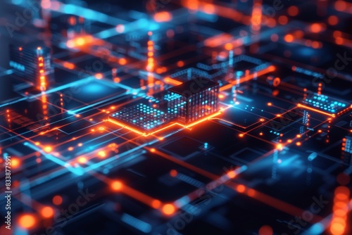 Digital Circuit Board with Glowing Elements, Representing Advanced Microchip Technology and Electronic Innovation