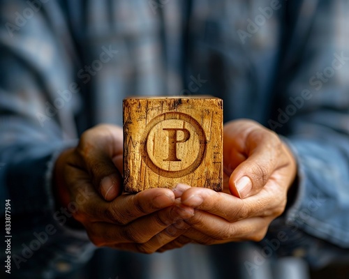 Person holding wooden block with copyright icon for author rights and patented intellectual property copyleft trademark license Copyright or patent concept photo