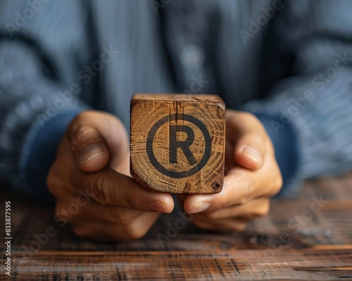 Person holding wooden block with copyright icon for author rights and patented intellectual property copyleft trademark license Copyright or patent concept