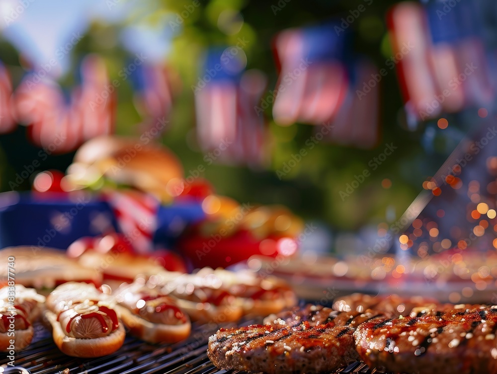 A close-up of a grill with sizzling burgers and hotdogs, surrounded by patriotic decorations, with a blurred background to create space for Independence Day text. A close-up of a grill with sizzling burgers and hotdogs, surrounded by patriotic decorations, with a blurred background to create space for Independence Day text.