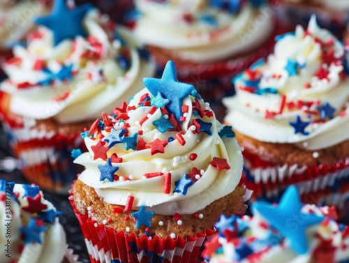 A close-up of patriotic-themed cupcakes with red, white, and blue frosting and star-shaped sprinkles, with a blurred background for text placement.