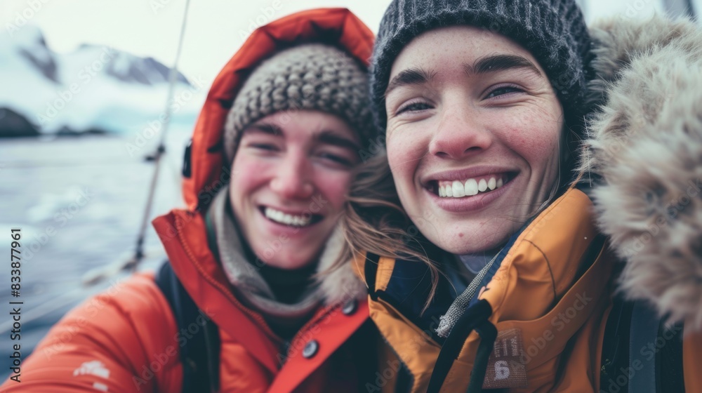 Two smiling women in winter gear posing for a selfie with a scenic backdrop of snow-covered mountains and a body of water. Two smiling women in winter gear posing for a selfie with a scenic backdrop of snow-covered mountains and a body of water.