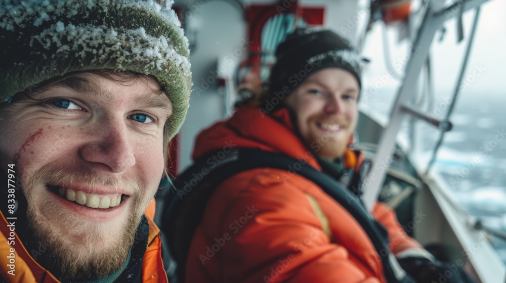 Two men smiling at the camera wearing winter clothing and hats with snow sitting in a boat with a blurred background of a snowy landscape. Two men smiling at the camera wearing winter clothing and hats with snow sitting in a boat with a blurred background of a snowy landscape.