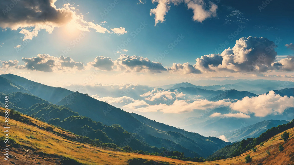 Hills with clouds top panoramic landscape view from hill station with copyspace, 16:9, 300dpi Hills with clouds top panoramic landscape view from hill station with copyspace, 16:9, 300dpi