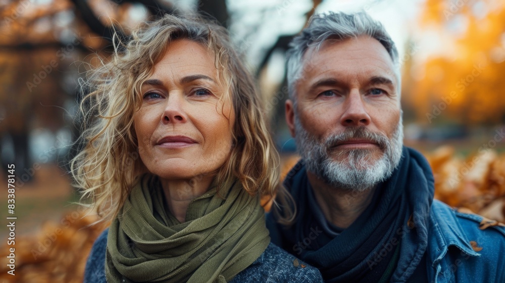 A man and woman with graying hair standing close together looking directly at the camera with a serious expression set against a blurred autumn leaf background. A man and woman with graying hair standing close together looking directly at the camera with a serious expression set against a blurred autumn leaf background.