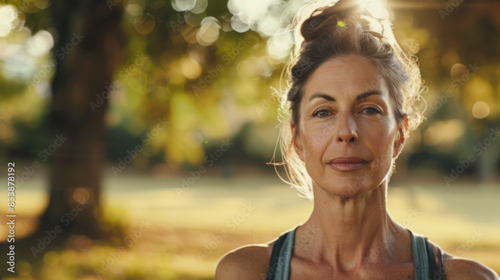 A woman with a gentle expression standing in a park with a blurred background of trees and sunlight wearing a sleeveless top. A woman with a gentle expression standing in a park with a blurred background of trees and sunlight wearing a sleeveless top.