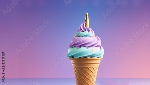 Multi-coloured ice cream with unicorn horn, waffle cone, purple background