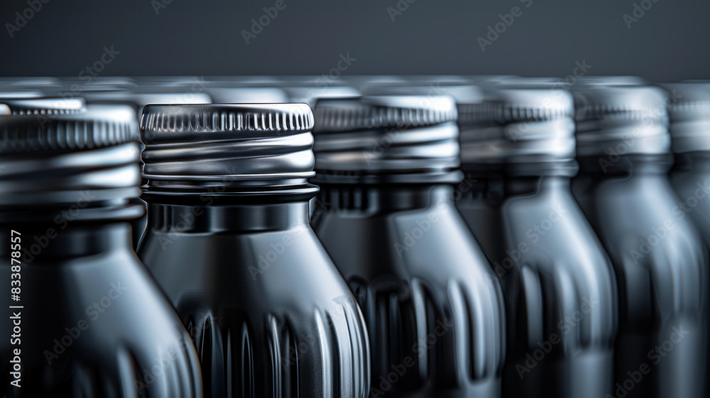 Several black bottles lined up in a row. Several black bottles lined up in a row.