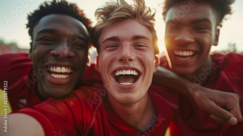  Three young men in red shirts laughing together  taking a selfie with the sun setting behind them. 