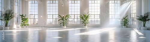 photo of a large, spacious, white room, with some plants, taken with a Nikkor 2470mm f28E ED VR lens at 1000 am photo