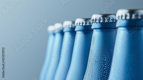 Close-up of blue beer bottles with condensation.